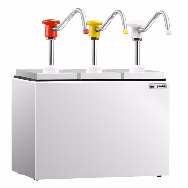 Dozator sosuri - oțel inoxidabil + recipient plastic alimentar - set 3 piese (3 recipiente + cadru) - 3x 2,5 litri - 190x355x268 mm - ajustare „einstellbarer Dosierung” - cu Recipient - gură anti-picurare - incl. Suport inox dozatoare sosuri