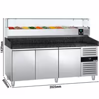 Table réfrigérée à pizza PREMIUM - 2000 x 800 mm - avec 3 portes - incl. vitrine réfrigérée - 9 x GN 1/3