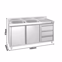 PREMIUM umivaonik – 1400 x 600 mm – s 3 ladice i 2 sudopera na lijevoj strani