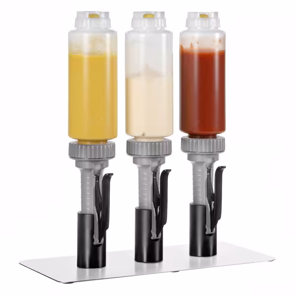 Dozator sosuri - set 3 piese (3 pompe porționare, 3 sticle 710 ml, suport pentru 3 pompe) - 3x 710 ml - dozare 15 ml (reglabil 5/10/15 ml) - 127x330x401 mm - cu Recipient - gură anti-picurare - incl. Suport grătar susținere