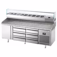 Table réfrigérée à pizza Premium PLUS - 1980x700 mm - avec 1 porte & 6 tiroirs - incl. vitrine réfrigérée - 9x GN 1/4