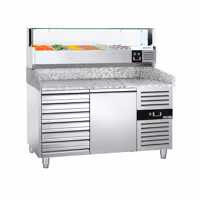 Stół chłodniczy do pizzy PREMIUM - 1500x800mm - z blatem granitowym - 1‑drzwiowy, 7 szuflad - z nadstawką chłodniczą z osłoną szklaną z oświetleniem LED - 5x GN 1/3 + 1x GN 1/2