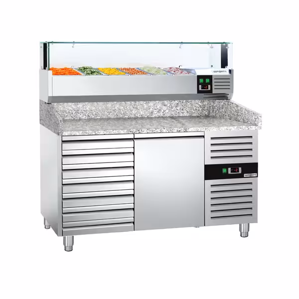 Stół chłodniczy do pizzy PREMIUM - 1500x800mm - z blatem granitowym - 1‑drzwiowy, 7 szuflad - z nadstawką chłodniczą z osłoną szklaną z oświetleniem LED - 5x GN 1/3 + 1x GN 1/2