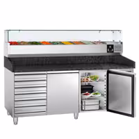 Pizzapult PREMIUM - 2025x800 mm - 2 ajtó + 7 fiók - feltéthűtővel üvegtetővel - 9x GN 1/3 - gránit munkalappal