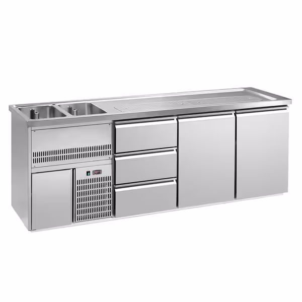 Direct Draw Beer Dispenser / Kegerator 2 Stainless Doors + 3 Drawers PREMIUM – 2 sinks left - 2500×700 mm - 3 drip trays