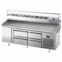 Table réfrigérée à pizza Premium PLUS - 1980x700 mm - avec 1 porte & 4 tiroirs - incl. vitrine réfrigérée - 9x GN 1/4