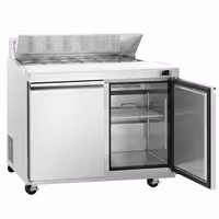 Stół przygotowawczy PREMIUM – 1230 mm – 396 L – z 2 drzwiami – z 12 pojemnikami GN 1/6 – w stylu amerykańskim