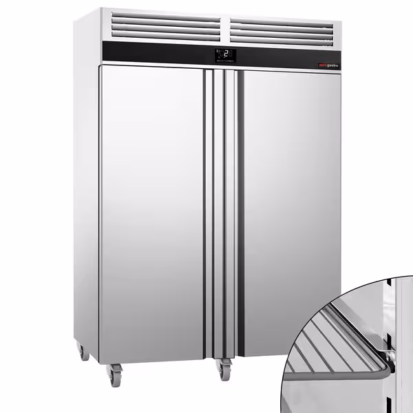 Sügavkülmkapp roostevabast terasest PREMIUM - GN 2/1 - 1400 l - kuni −12 °C - mitme 2 uksega - Rullikutel, UK jaoks