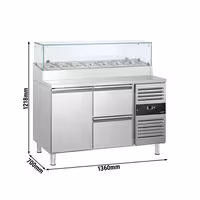 PREMIUM pripremni stol – 1360 mm – 1 vrata i 2 ladice – s gornjom plohom od stakla – za 7 x GN 1/3