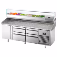 Table réfrigérée à pizza Premium PLUS - 1980x700 mm - avec 1 porte & 4 tiroirs - incl. vitrine réfrigérée - 9x GN 1/4