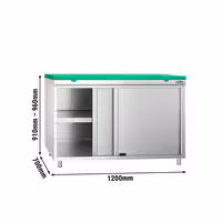 Arbetskåp i rostfritt stål PREMIUM - 1200x700 mm - med 2 skjutdörrar - inkl. skärbräda grön