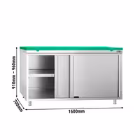 Roostevabast terasest tööpinnaga kapp PREMIUM - 1600x700 mm - koos 2 lükanduksega - sh lõikelaud, värv: roheline