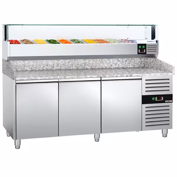 Stół chłodniczy do pizzy ECO – 2000 x 800 mm – z 3 drzwiami – z witryną nadstawną chłodniczą LED na 10x GN 1/4