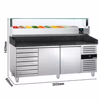 Stół chłodniczy do pizzy PREMIUM – 2000 x 800 mm – z 2 drzwiami i 7 szufladami – z witryną nadstawną chłodniczą LED na 10x GN 1/4