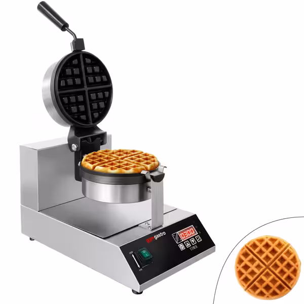 Waffle Makinesi - Tekli - Dijital Zamanlayıcılı - 1,3kW - Şekil: Yuvarlak - Ø 185mm - 180° Döner Plakalı - pişirme plakaları teflon kaplamalı
