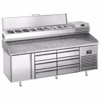 طاولة تحضير بيتزا مبردة PREMIUM PLUS - 1980x700 mm - مع باب واحد و 6 أدراج نصفية - سطح عمل جرانيت - شامل وحدة تبريد علوية - 9x GN 1/4