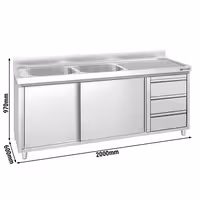 PREMIUM umivaonik – 2000 x 600 mm – s 3 ladice i 2 sudopere na lijevoj strani