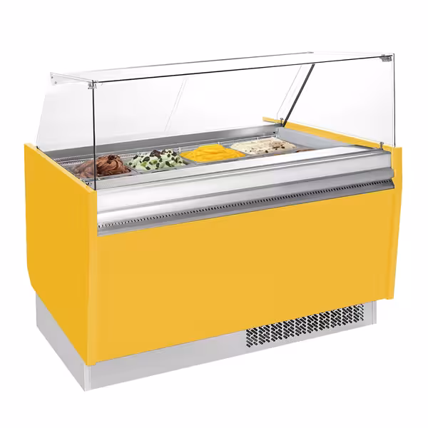 Ice Cream Display Freezer | LIAM - 1560mm - Static cooling - with LED lighting - for 13+13 x 5 litres Napoli pans - Yellow