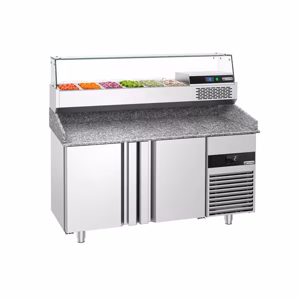 Stół chłodniczy do pizzy PREMIUM - 1550x800mm - z blatem granitowym - 2‑drzwiowy - z nadstawką chłodniczą z osłoną szklaną - 6x GN 1/3