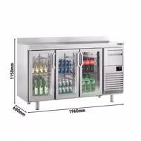 Stół chłodniczy barowy do napojów Premium PLUS – 1960 x 600 mm – z 3 drzwiami szklanymi, rantem i odbijakiem do kawy