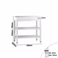 Rozsdamentes acél munkaasztal PREMIUM - 600x600 mm - alsó polccal & köztes polccal