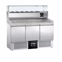 Pizzakylbänk PREMIUM - 1400x700 mm - 3 dörrar - inkl. kylränna med glastopp - 6x GN 1/4