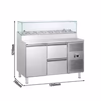 Stół przygotowawczy ECO – 1360 mm – z 1 drzwiami i 2 szufladami – z nadstawką szklaną na 7x GN 1/3