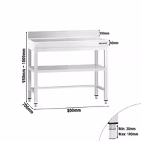 Commercial Stainless Steel Centre Table PREMIUM - 800x700mm - with Undershelf - with Rear Upstand - with Cross Bracing