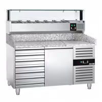 Stół chłodniczy do pizzy PREMIUM - 1500x800mm - z blatem granitowym - 1‑drzwiowy, 7 szuflad - z nadstawką chłodniczą z osłoną szklaną z oświetleniem LED - 5x GN 1/3 + 1x GN 1/2