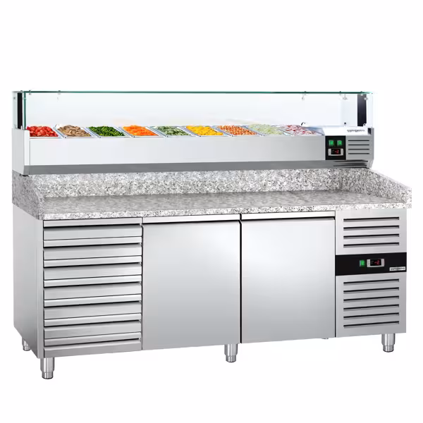 Stół chłodniczy do pizzy ECO – 2000 x 800 mm – z 2 drzwiami i 7 szufladami – z witryną nadstawną chłodniczą LED na 9x GN 1/3