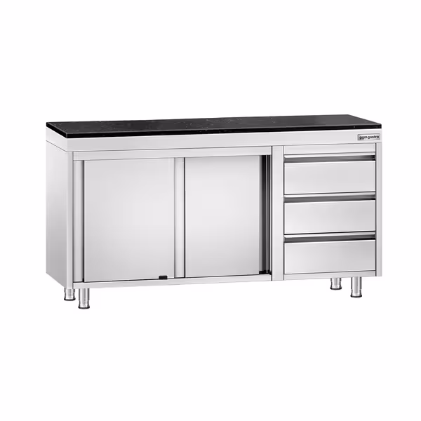 Rozsdamentes acél munkaszekrény PREMIUM – 1400x600 mm – 3 fiókkal a jobb oldalon – gránit munkalapmal