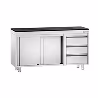 Rozsdamentes acél munkaszekrény PREMIUM – 1400x700 mm – 3 fiókkal a jobb oldalon – gránit munkalapmal
