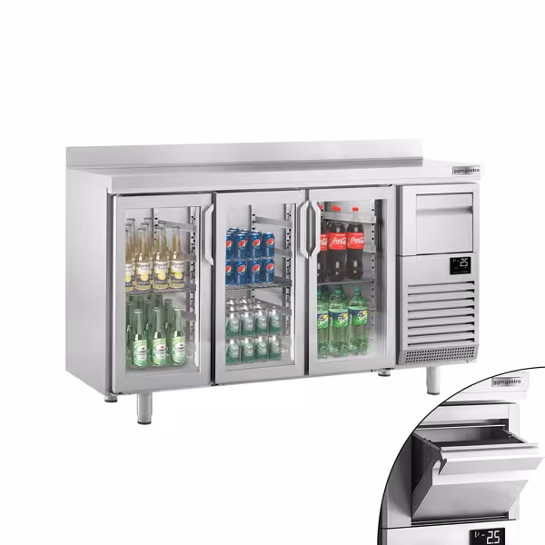 Stół chłodniczy barowy do napojów Premium PLUS – 1960 x 600 mm – z 3 drzwiami szklanymi, rantem i odbijakiem do kawy