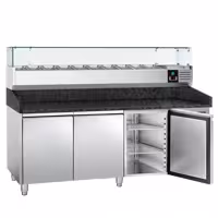 Table réfrigérée à pizza PREMIUM - 2000 x 800 mm - avec 3 portes - incl. vitrine réfrigérée - 9 x GN 1/3