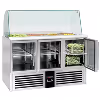 Pult za pripremu salate PREMIUM - 1368 mm - 3 staklena vrata - s visokom staklenom nadogradnjom za 4x GN 1/1