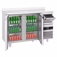 Stół chłodniczy barowy do napojów PREMIUM – 1580 x 600 mm – z 2 drzwiami, rantem i odbijakiem do kawy