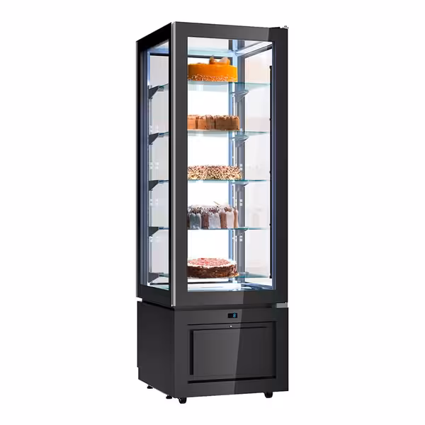 4-Sided Glass Display Fridge - 324L - 600mm - Double glazing - square - black front - with 5 glass shelves - 1 glass door front - Black