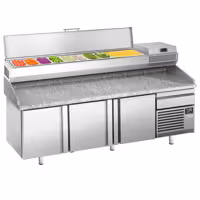 Stół chłodniczy do pizzy Premium PLUS – 2305 x 800 mm – z 3 drzwiami i 1 szufladą – wraz z witryną chłodniczą – 10 pojemników GN 1/3