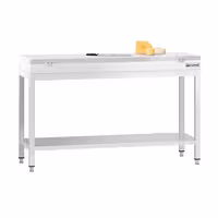 Mesa de trabajo de acero inoxidable | central PREMIUM - 1400x700mm - con estante inferior y refuerzo omega - con tabla de corte blanca