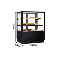 Commercial cake display fridge - 378L - 1000mm - Double glazing - square - mirrored front - with 2 glass shelves - rear sliding doors - for patisserie - Black