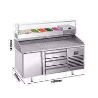 Table réfrigérée à pizza Premium PLUS - 1490x700 mm - avec 1 porte & 3 tiroirs - incl. vitrine réfrigérée - 6x GN 1/4