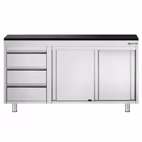 Rozsdamentes acél munkaszekrény PREMIUM – 1400x600 mm – 3 fiókkal bal oldalon – gránit munkalapmal