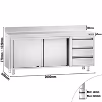 خزانة قاعدية ستانلس ستيل KOPENHAGEN PREMIUM - 2000x600mm - وحدة أدراج 3 يمين - مع حاجز خلفي