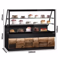 Csemegepult TORONTO - 2000x880 mm - 568 liter - ventilációs - dupla üvegezés - fa borítású természetes fa dekor - 2 polccal - fekete gránit munkalap