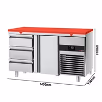 Rashladni pult PREMIUM - 1400x700 mm - 281 l - Boja Crvena - Ventilirano hlađenje - s 1 vrata - s 3 ladica - uklj. Ploča za rezanje Crvena