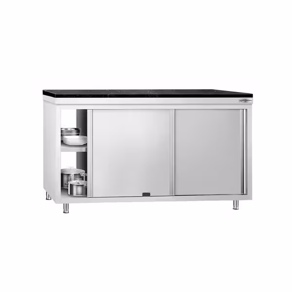 Rozsdamentes acél munkaszekrény PREMIUM – 1600x600 mm – átadóablakkal – gránit munkalapmal