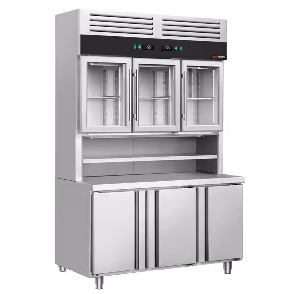 Tavolo refrigerato con pensile refrigerato - 1350x700mm - Statica - 455 L - Doppi vetri - con 3 porte battenti - con 3 porte in vetro