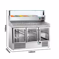Commercial Pizza Prep Counter - Granite Top PREMIUM - 1400x700mm - with 3 glass doors - incl. refrigerated topping unit with glass sneeze guard LED - 6x GN 1/4