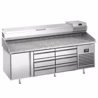 طاولة تحضير بيتزا مبردة PREMIUM PLUS - 1980x700 mm - مع باب واحد و 6 أدراج نصفية - سطح عمل جرانيت - شامل وحدة تبريد علوية - 9x GN 1/4