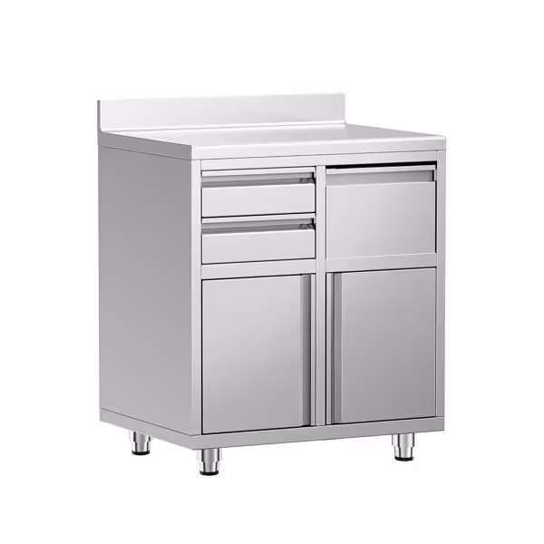 Paslanmaz Çelik Dolaplı Cafe / Bar Çalışma Tezgahı - Kahve ve Espresso Makinesi için - 800x600 mm - 2 Çekmeceli - Çift Kapılı - Kahve Posası Hazneli - Sırtlıklı